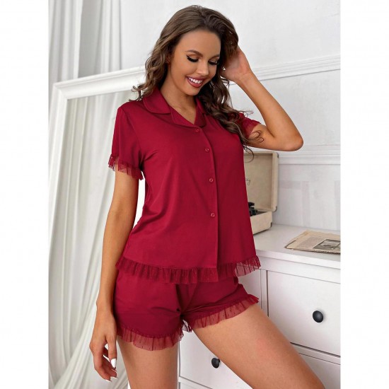 Women's Summer Lace Patchwork Short-Sleeved Shorts Two-Piece Homewear Set