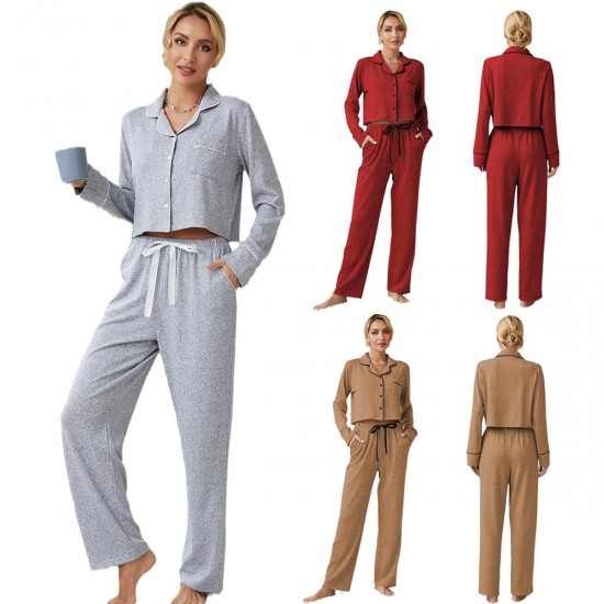 European and American style women's pajamas autumn and winter thickened long-sleeved cardigan long pants two-piece set loungewea