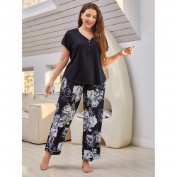 European and American large size pajamas women's spring and autumn loose short-sleeved trousers suit home clothes