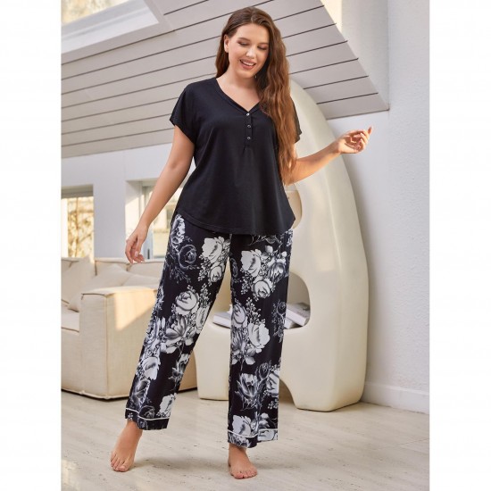 European and American large size pajamas women's spring and autumn loose short-sleeved trousers suit home clothes