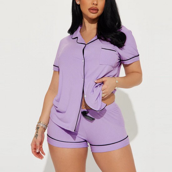 European and American style women's summer pajamas, basic style, ribbed short-sleeved short-sleeved two-piece loungewear set.