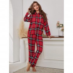 European and American Women's Red Plaid Long-Sleeve Autumn and Winter Homewear Two-Piece Set Can Be Worn Outside