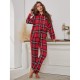 European and American Women's Red Plaid Long-Sleeve Autumn and Winter Homewear Two-Piece Set Can Be Worn Outside