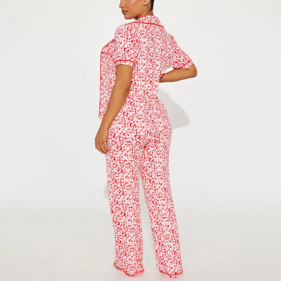 New European and American style women's pajamas with heart print, plus size, short-sleeved, long pants, two-piece set, loungewear, pajamas