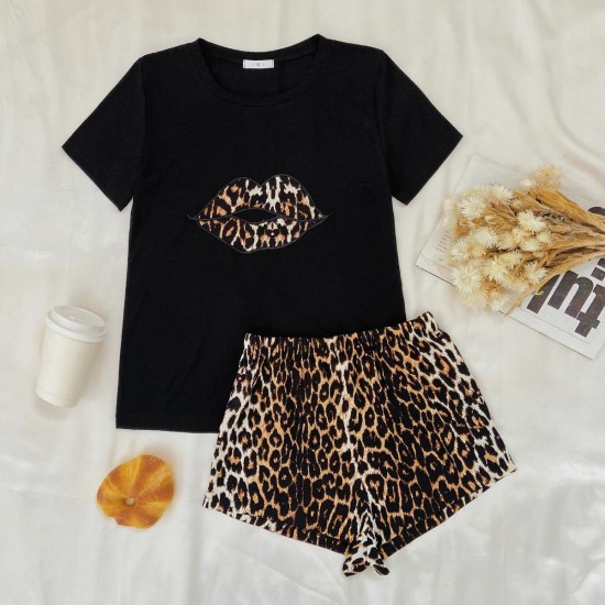 European and American style women's pajamas summer leopard print short-sleeved shorts two-piece set loungewear