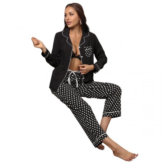European and American home wear set autumn and winter polka dot long-sleeved cardigan shirt long pants pajama two-piece set