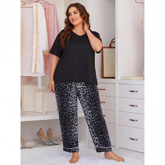 European and American plus size women's pajamas summer leopard print short-sleeved long pants plus mm loungewear set