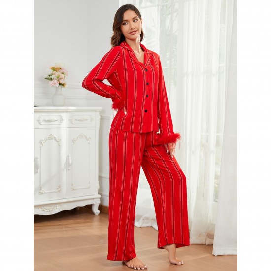 European and American women's pajamas autumn and winter red long-sleeved long pants homewear set