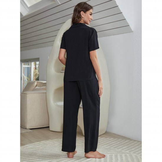 European and American women's summer thin solid color underwear short-sleeved long pants three-piece set loungewea