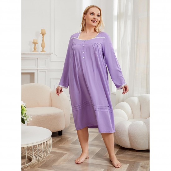 European and American plus size nightgown women's long plus mm lace trim thin long-sleeved loungewear pajamas