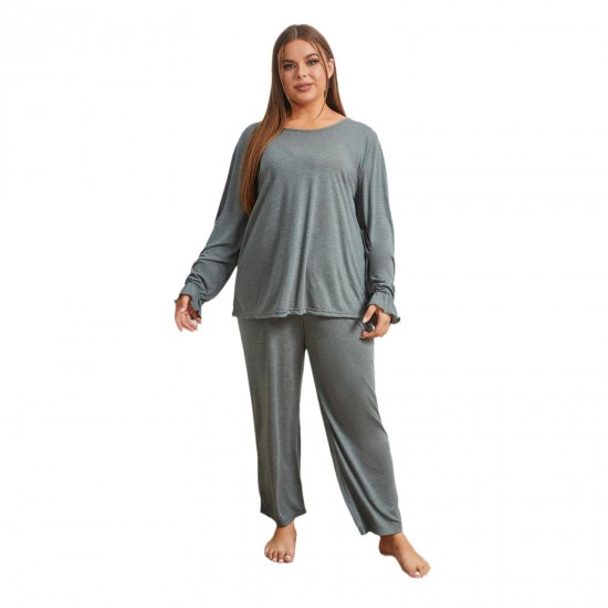 European and American Plus Size Women's Nightgown Autumn and Winter Solid Color Loose Long-Sleeved Two-Piece Homewear Set