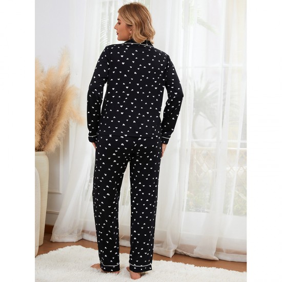 European and American pajamas women's autumn and winter heart print long-sleeved long pants two-piece loungewear set (пижама)