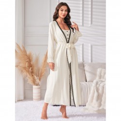 Simple casual mid-length suspender nightgown two-piece set for women, long-sleeved, all-season pajamas for women.