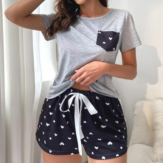 Summer women's pajamas set, screw neck tee and shorts sleepwear.