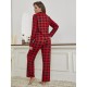 European and American Homewear Women's Red Plaid Cardigan Shirt Long-Sleeve Long Pants Pajama Set