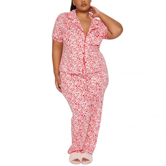 New European and American style women's pajamas with heart print, plus size, short-sleeved, long pants, two-piece set, loungewear, pajamas