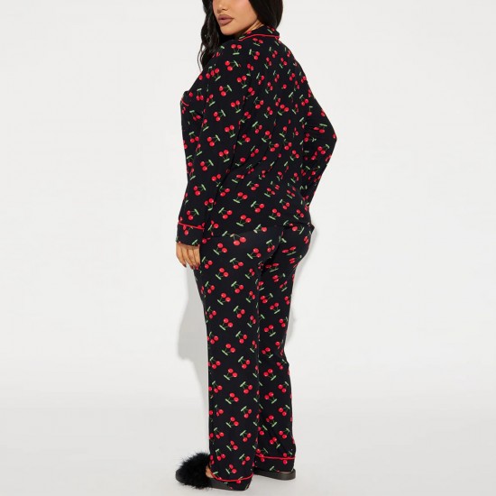 European and American pajamas for women, autumn and winter cherry print lapel long-sleeved trousers, two-piece loungewear set.
