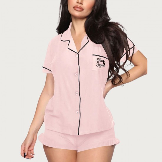 European and American Women's Summer Simple Casual Lapel Short-Sleeve Shorts Two-Piece Homewear Set Pajamas