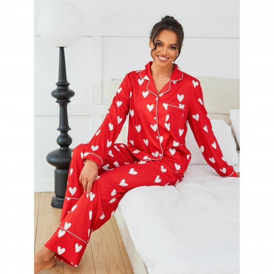 European and American women's pajamas autumn and winter heart print long-sleeved shirt and trousers two-piece homewear set