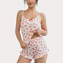 European and American pajamas women summer sexy cherry print camisole shorts two-piece homewear set (pjs)