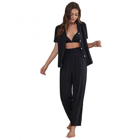 European and American women's summer thin solid color underwear short-sleeved long pants three-piece set loungewea