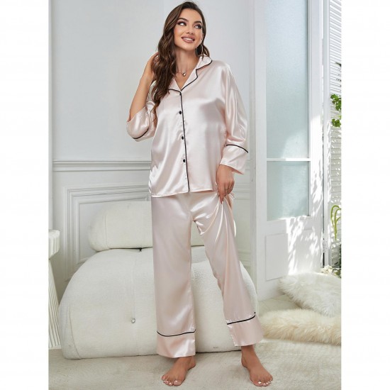 European and American imitation silk pajamas women's autumn and winter long-sleeved pajama pants homewear set can be worn outside