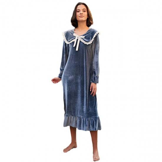 European and American women's long winter fleece nightgown, French palace style, doll collar, plush pajamas.