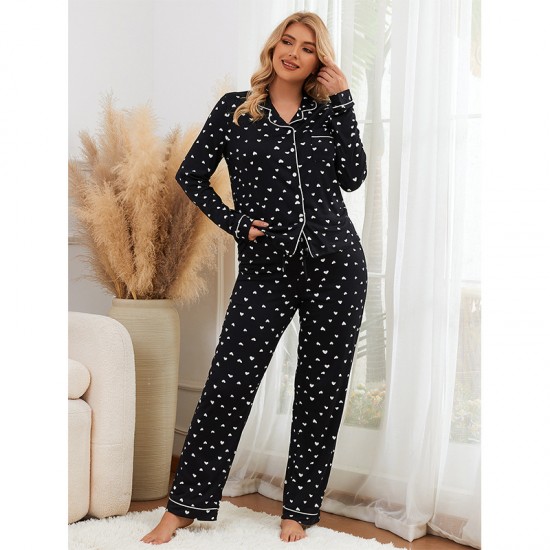 European and American pajamas women's autumn and winter heart print long-sleeved long pants two-piece loungewear set (пижама)