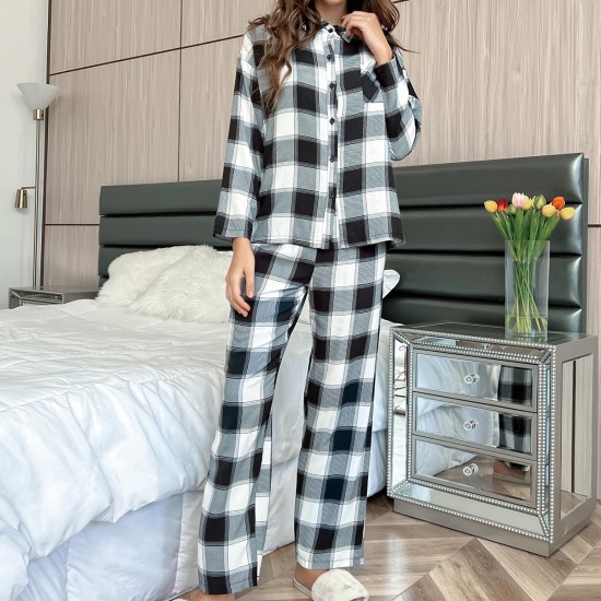 Women's pajamas autumn and winter casual long-sleeved shirt long pants two-piece set loungewear
