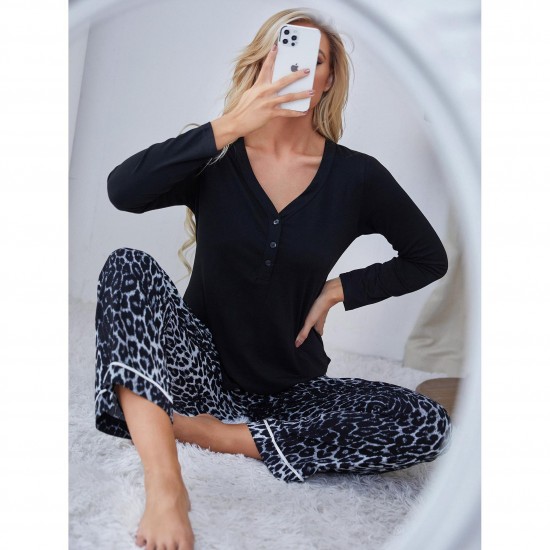European and American women's home wear set, autumn and winter long-sleeved leopard print trousers two-piece pajamas