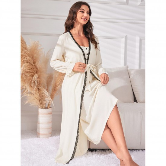 Simple casual mid-length suspender nightgown two-piece set for women, long-sleeved, all-season pajamas for women.