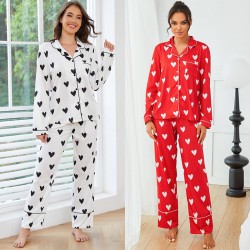 European and American women's pajamas autumn and winter heart print long-sleeved shirt and trousers two-piece homewear set