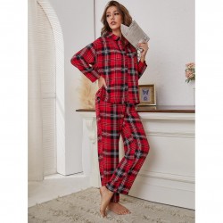 European and American Women's Red Plaid Long-Sleeve Autumn and Winter Homewear Two-Piece Set Can Be Worn Outside