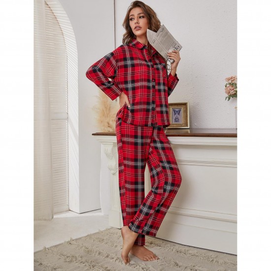 European and American Women's Red Plaid Long-Sleeve Autumn and Winter Homewear Two-Piece Set Can Be Worn Outside