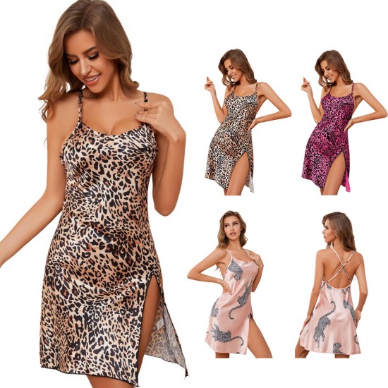 European and American women's ice silk nightgowns, summer leopard print, sexy, sheer sultry suspender pajamas, women's pajamas