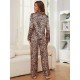 European and American women's pajamas, fall and winter, simulated silk leopard print, long-sleeved trousers, two-piece loungewear, pajamas