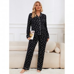 European and American pajamas women's autumn and winter heart print long-sleeved long pants two-piece loungewear set (пижама)