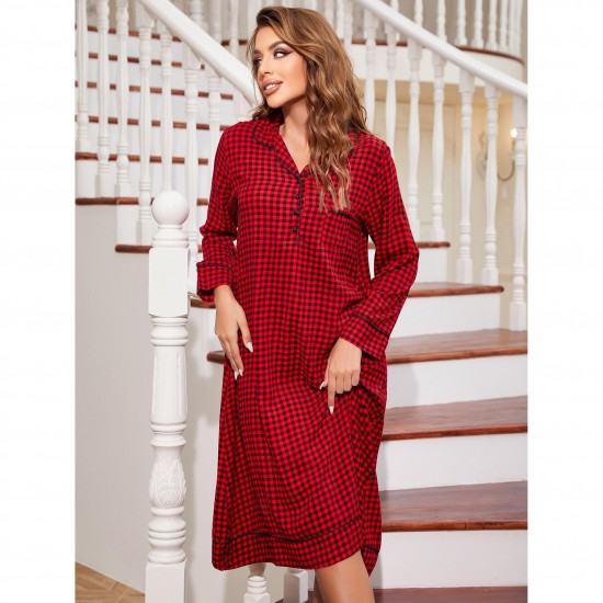 European and American style long nightgown for women, Christmas red plaid loose-fitting long-sleeved home wear pajamas
