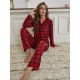 European and American Homewear Women's Red Plaid Cardigan Shirt Long-Sleeve Long Pants Pajama Set