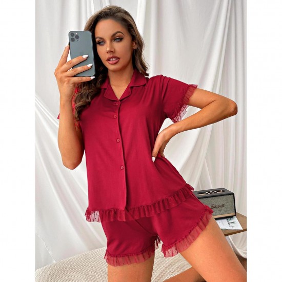 Women's Summer Lace Patchwork Short-Sleeved Shorts Two-Piece Homewear Set