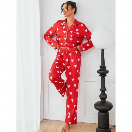 European and American women's pajamas autumn and winter heart print long-sleeved shirt and trousers two-piece homewear set