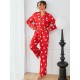 European and American women's pajamas autumn and winter heart print long-sleeved shirt and trousers two-piece homewear set