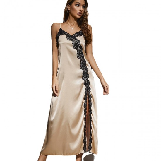 European and American ice silk camisole nightgown for women, summer slit lace imitation silk sexy loungewear for women.