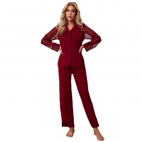 European and American home wear women's solid color lace mesh long-sleeved pajamas set