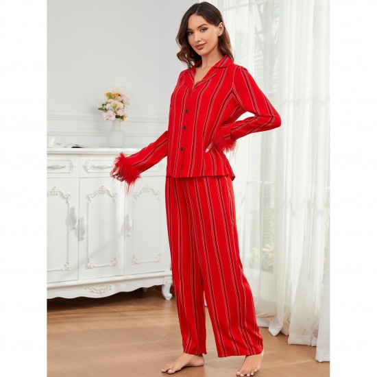 European and American women's pajamas autumn and winter red long-sleeved long pants homewear set