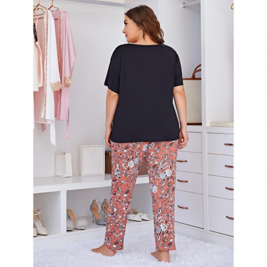 European and American plus size pajamas women's spring and summer short-sleeved long pants home wear set