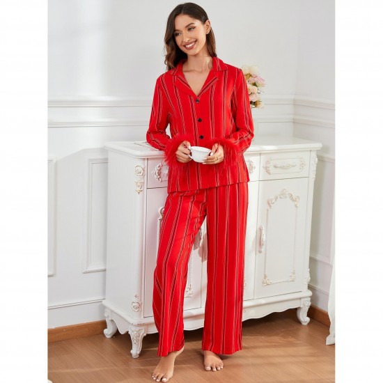 European and American women's pajamas autumn and winter red long-sleeved long pants homewear set
