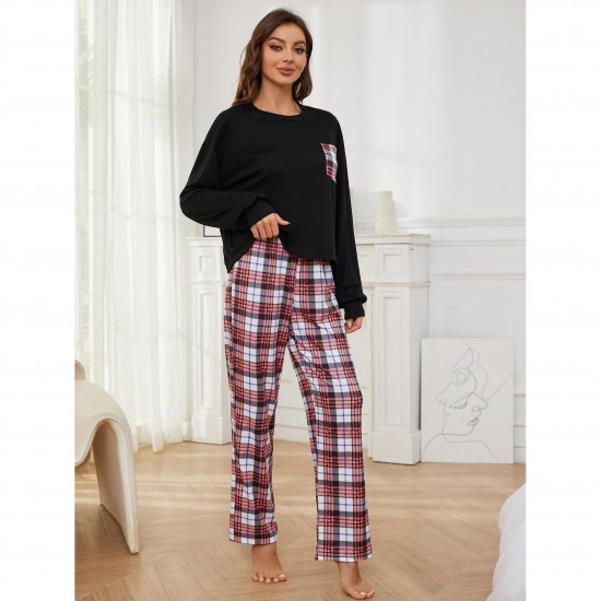 European and American pajamas women spring and autumn thin long-sleeved plaid print long pants homewear set
