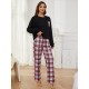 European and American pajamas women spring and autumn thin long-sleeved plaid print long pants homewear set