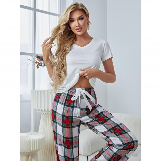 European and American women's pajamas spring and autumn thin short-sleeved long pants loungewear set